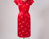 Vintage 1950's Red Silk Wiggle Dress China Doll Satin Chinoiserie Cocktail Party Dress