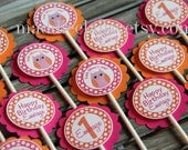 LOOK WHOO's ONE Personalized Hot Pink and Orange Owl Theme Cupcake Toppers