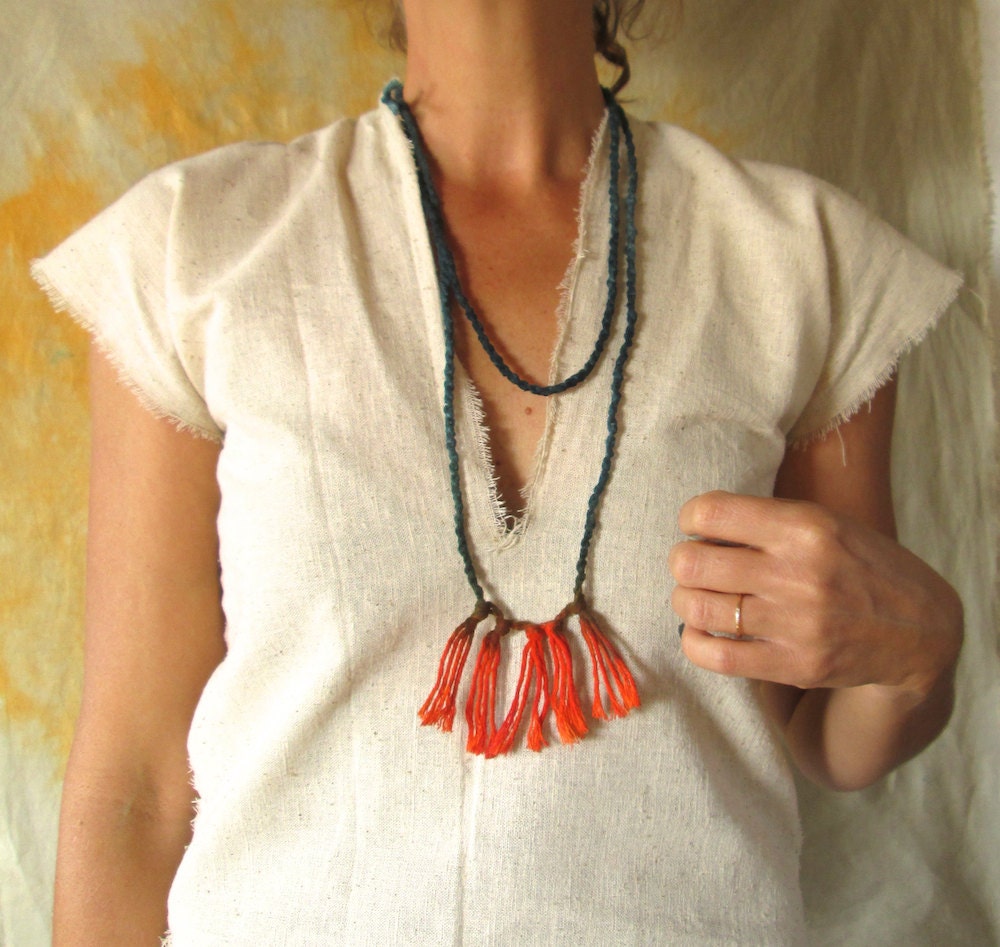 fiber necklace, orange fringe