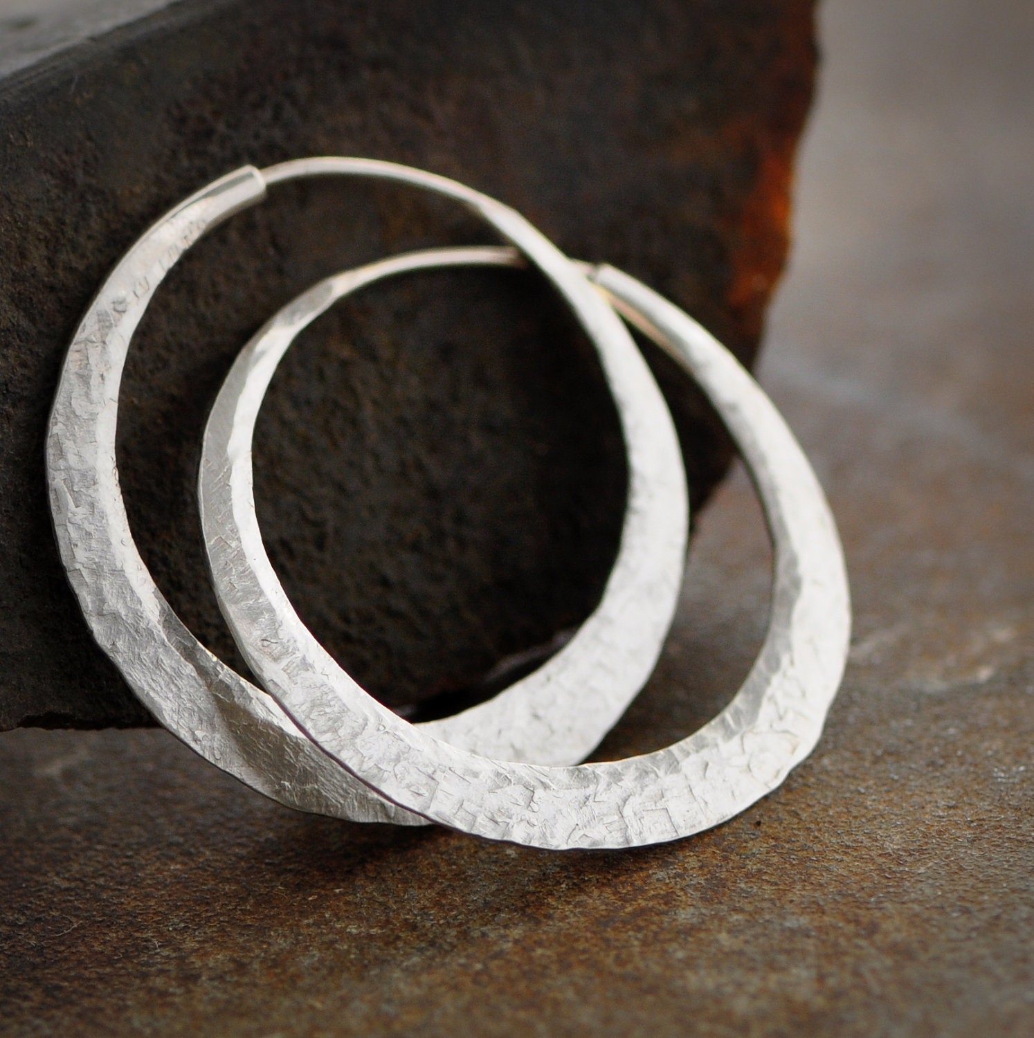 sterling silver hoop earrings with raw silk texture, medium endless hoops