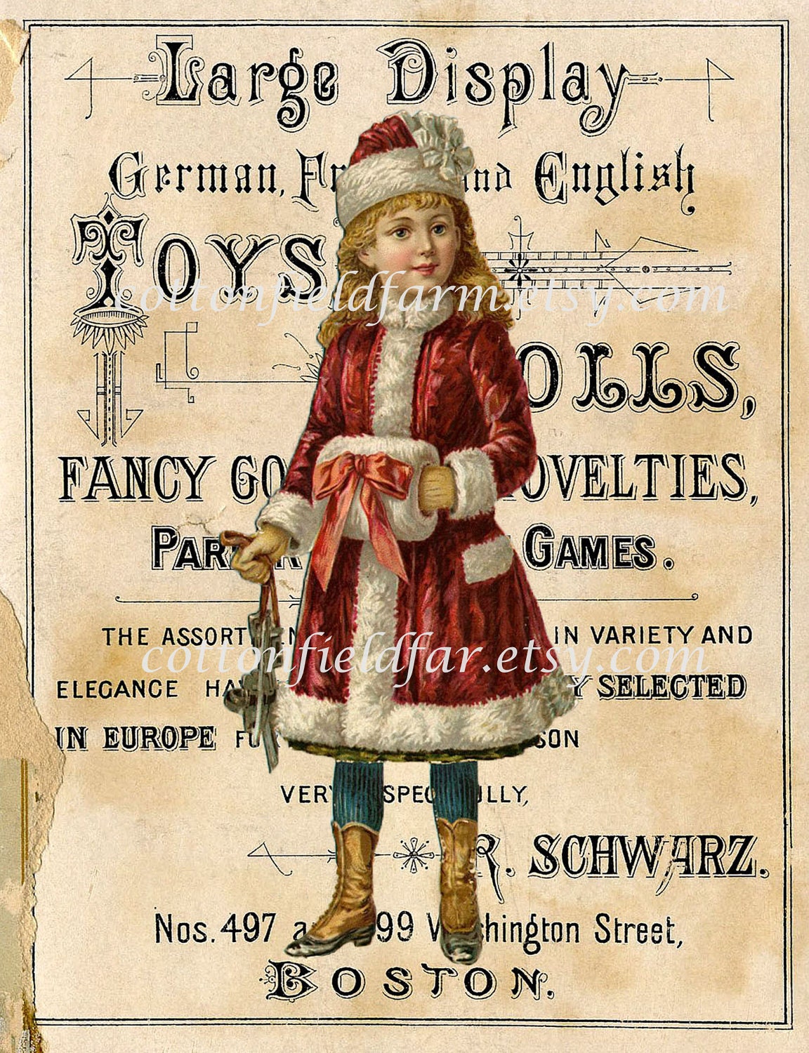 Victorian Girl in Red  With Ice Skates on Vintage Toy Ad Digital Sheet C-399 Large Image  5 X 7 for Pillows, Aprons, Totes, Stockings, ECS