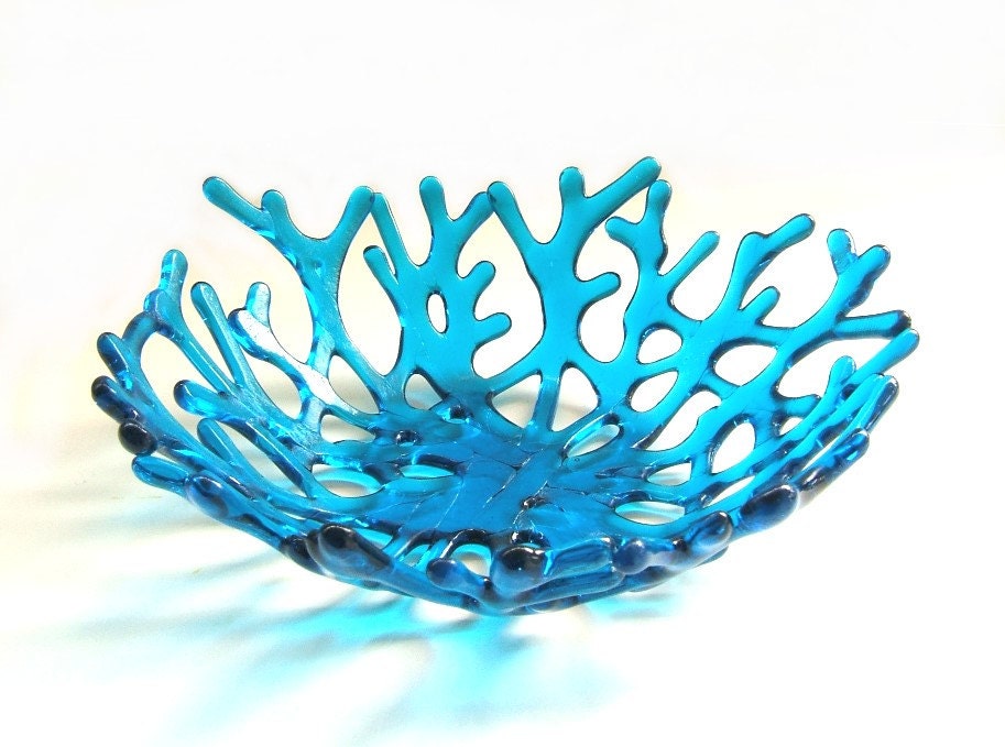 Art Glass Coral Bowl in Deep Turquoise - Ocean Beach Sea Coral Bowl