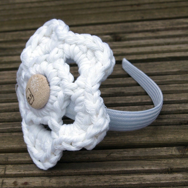 CLEARANCE Chunky White Crochet Flower Headband with Little House Fabric Button