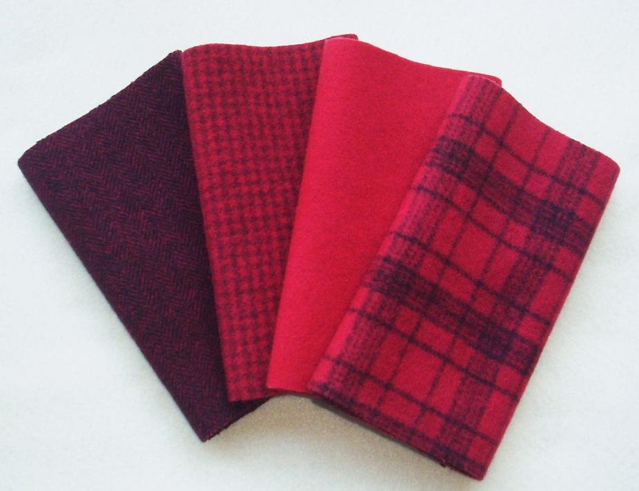 Hand Dyed Felted Wool Fabric, RUBY, Four 6.5" x 16" pieces in Pure Red, Perfect for Rug Hooking, Applique and Crafts