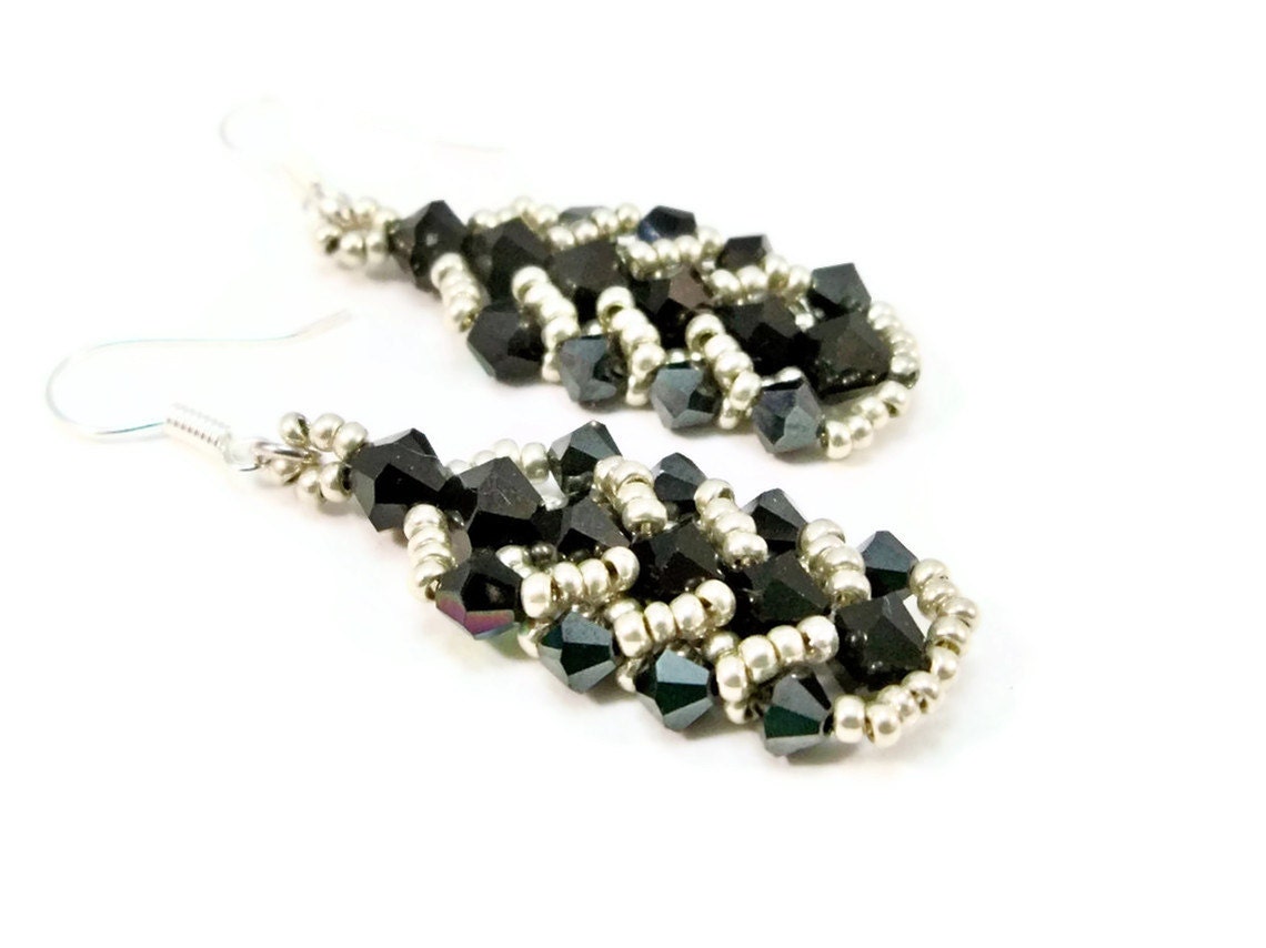 Womens Beaded Earrings Silver and Black Bead Weaving
