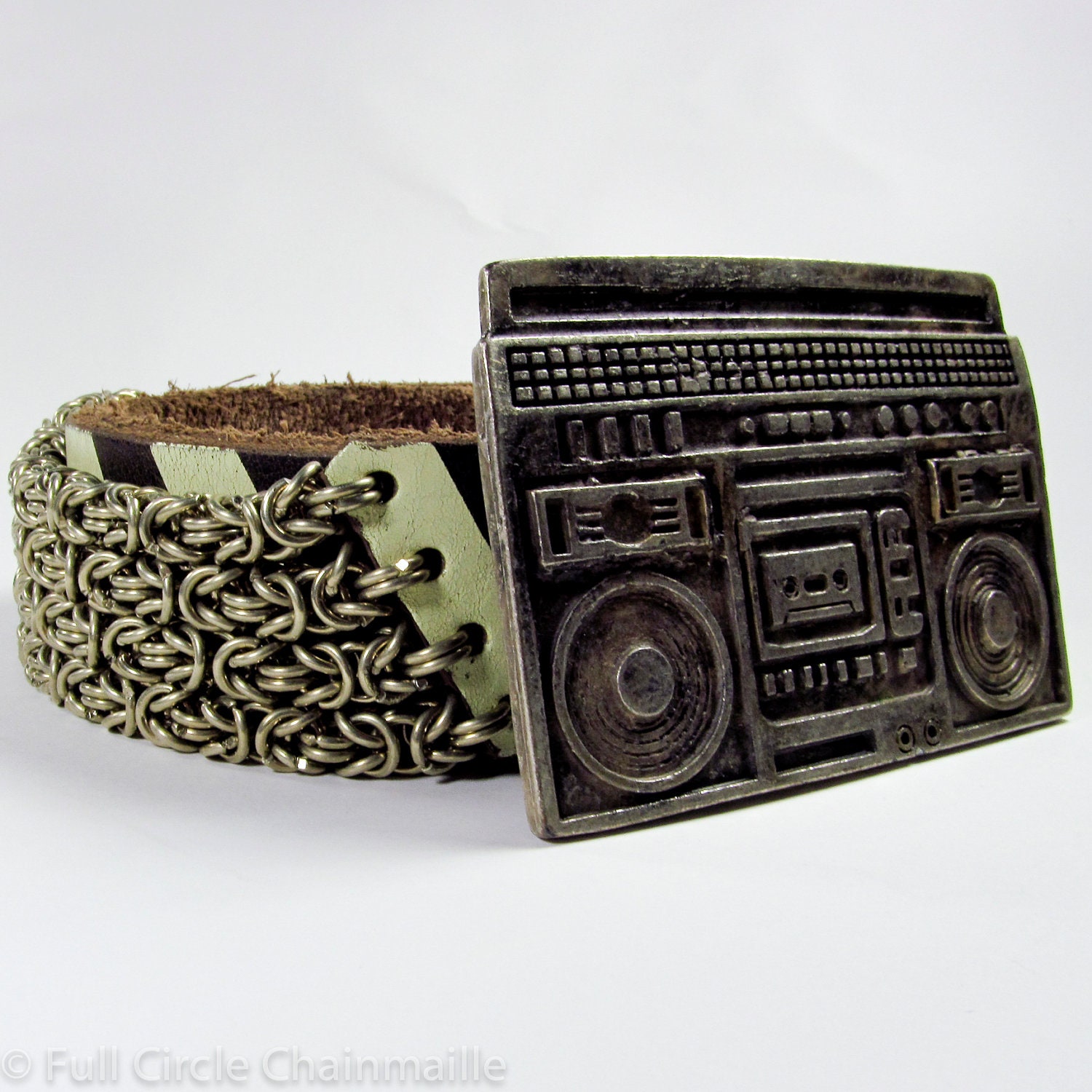 Vintage Chainmaille Leather Belt - Byzantine Pattern - Boom Box Belt Buckle