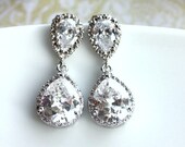 Pear Drop Luster Rhodium Plated Cubic Zirconia Clear Jewels Large Luxe Drop Earrings. Bridesmaids Jewelry, Bride Earrings. Glamour Wedding.