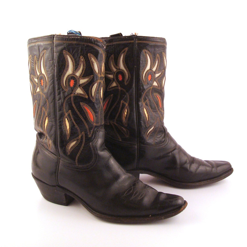 Inlay Cowboy Boots Vintage 1950s  Acme Black 50s Leather Men's 9