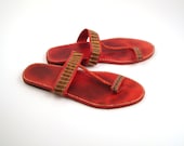 Red Leather Sandals Vintage 1980s T Strap Faux Snakeskin