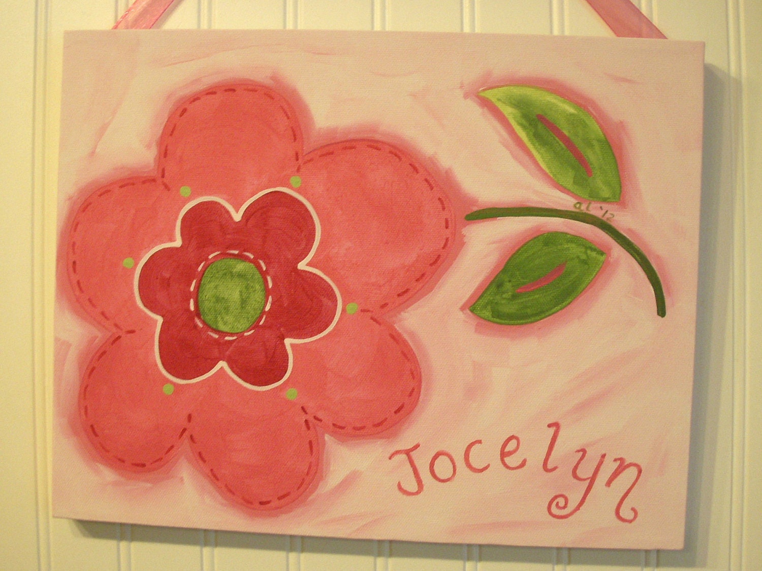 Baby nursery decor Children wall art Nursery art paintings Kids girls room decor Nursery 11 x 14 green personalized flower "pink posy"