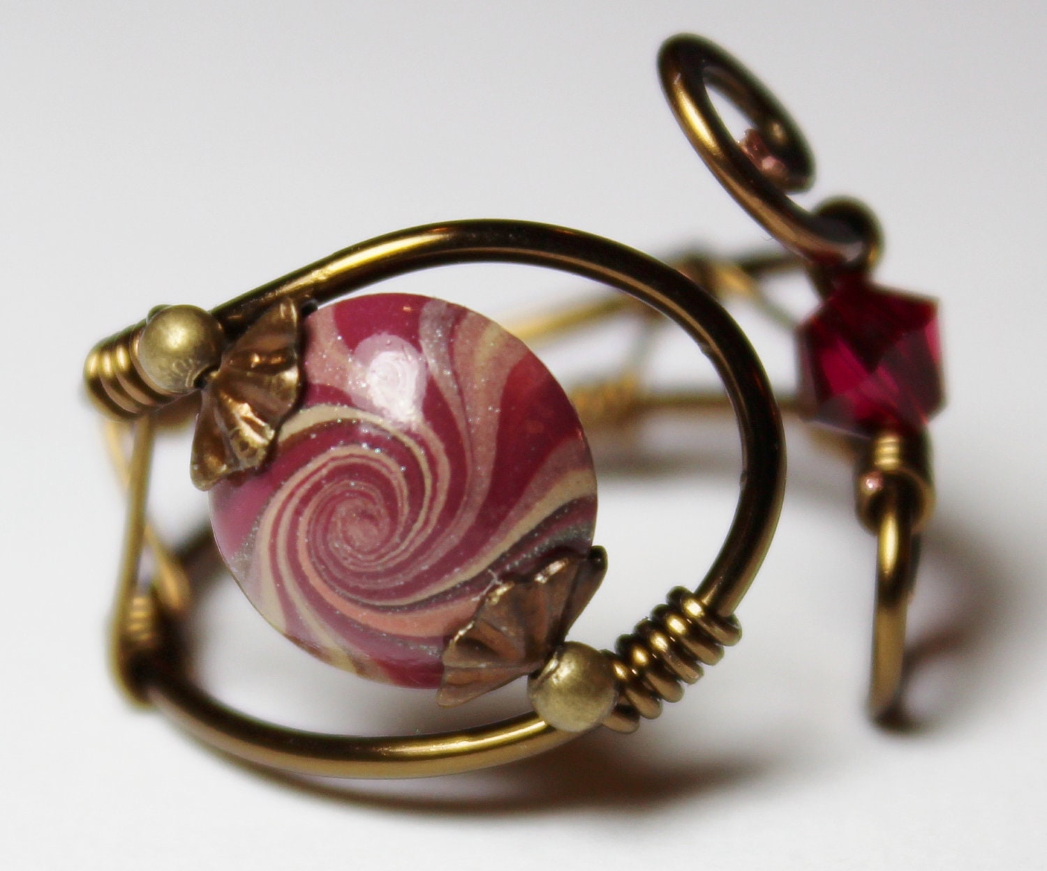 Handmade Jewelry Ring Beaded Wirework Wire Wrapped Plum Pink Antique Brass Polymer Clay Freeform Adjustable Size 5-6...Ruby Tuesday