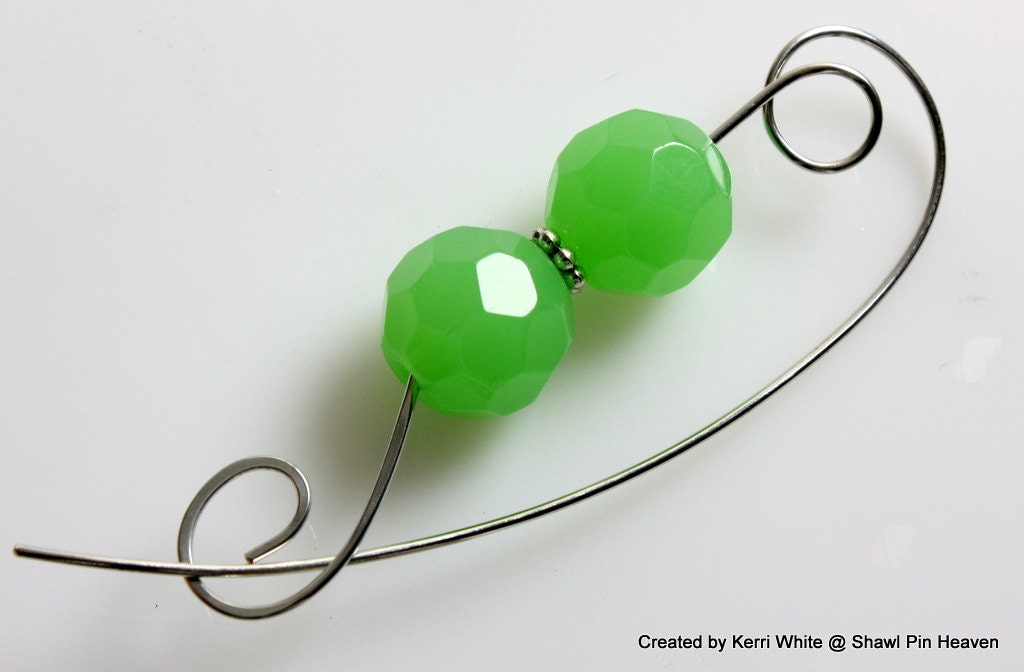 Shawl Pin, Scarf Pin, Brooch - Granny Apple Green Beads