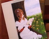 Calico Cat Reading, Greeting Card, Jane Austen Inspired, Regency Cat Art