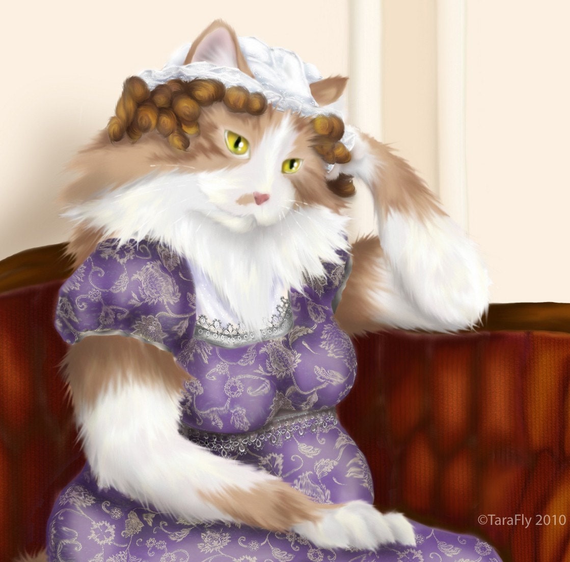 Regency Cat Art, Pride and Prejudice Mrs Bennet Cat Portrait 5x7 Fine Art Print