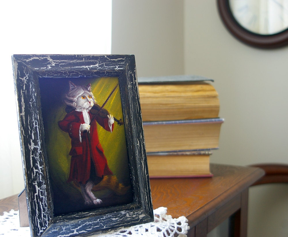 Cat Art, White Cat Playing Violin 19th Century Musician Mozart 5x7 Fine Art Print