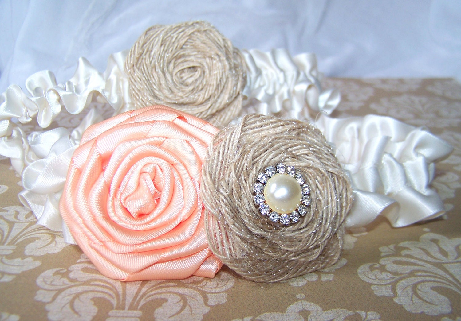 Wedding Garter Set - Peach and Tan Burlap Rosettes, Ivory Satin Ruffle Band, Custom Colors Available