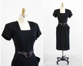 vintage 1940s dress / 40s dress / Black Art Deco Dress with Rhinestone Studded Belt