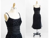 vintage 1950s dress / 50s dress / Black Textured Wiggle Cocktail Dress with Organza Train