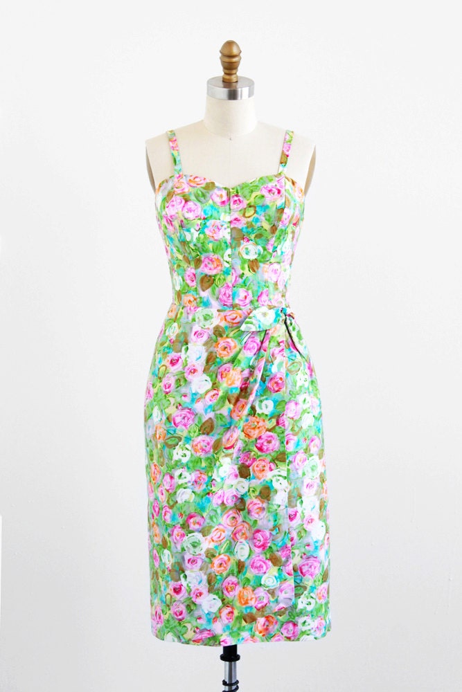 r e s e r v e d - vintage 1950s dress / 50s dress / Green and Pink Watercolor Floral Wiggle Dress by Alix of Miami