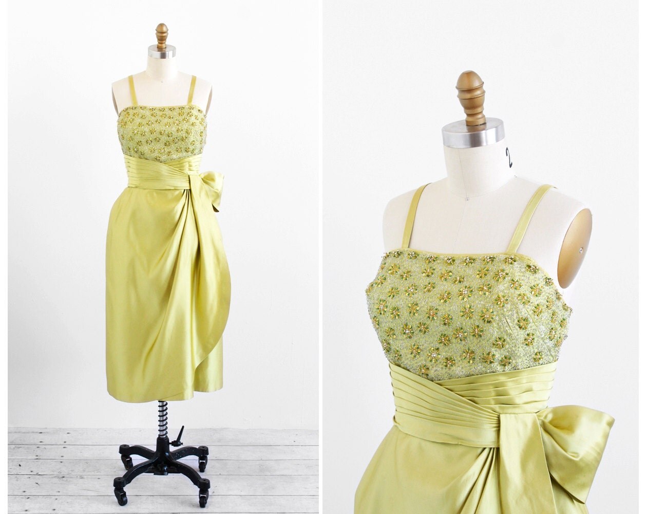 vintage 1950s dress / 1960s dress / Chartreuse Beaded Silk Origami Old Hollywood Cocktail Dress