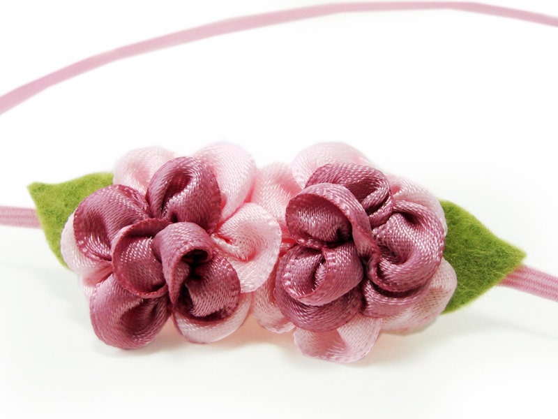 Katie / Two-tone light pink-mauve small cabbage roses skinny headband