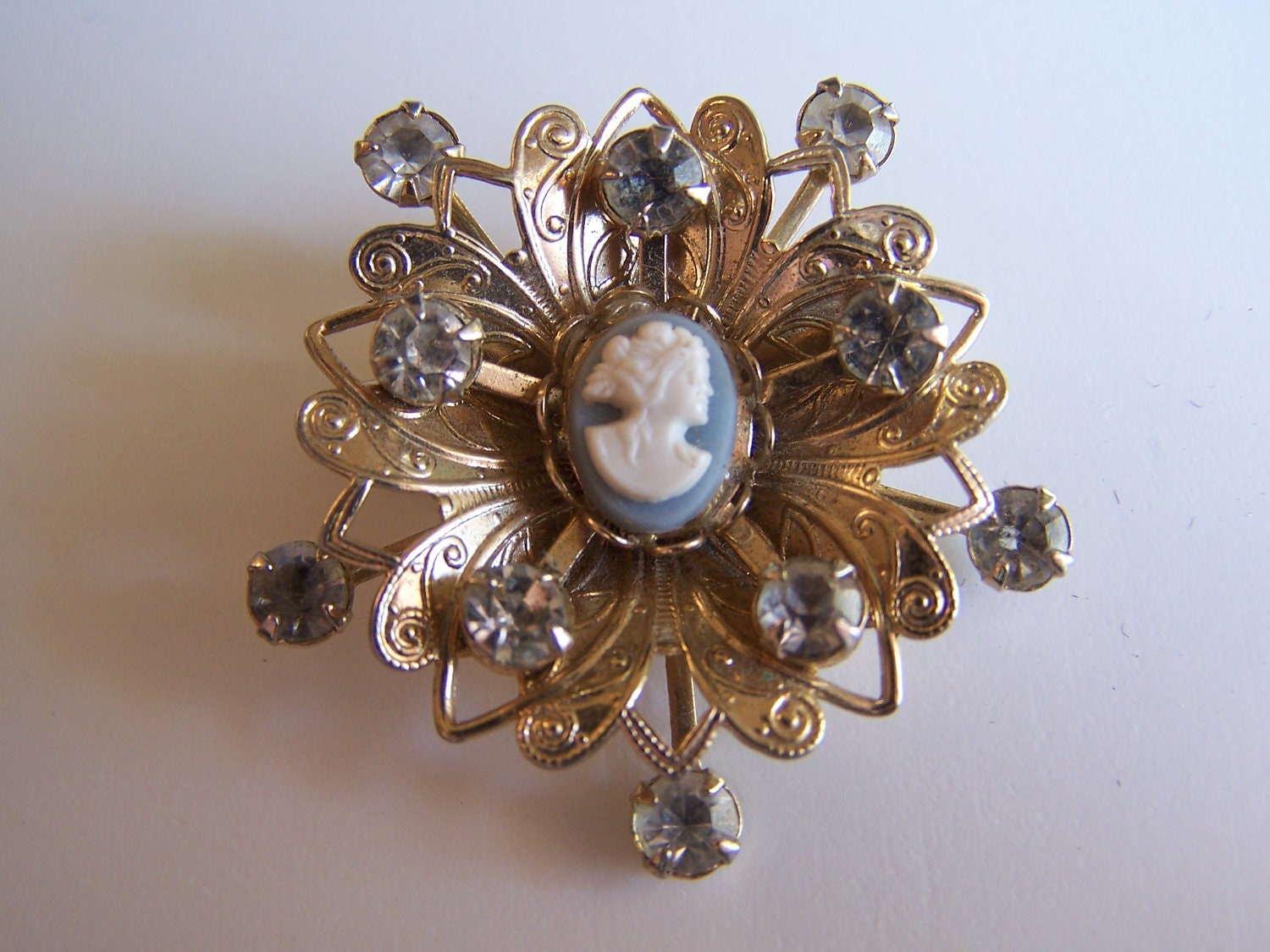 Vintage Cameo & Rhinestone Brooch