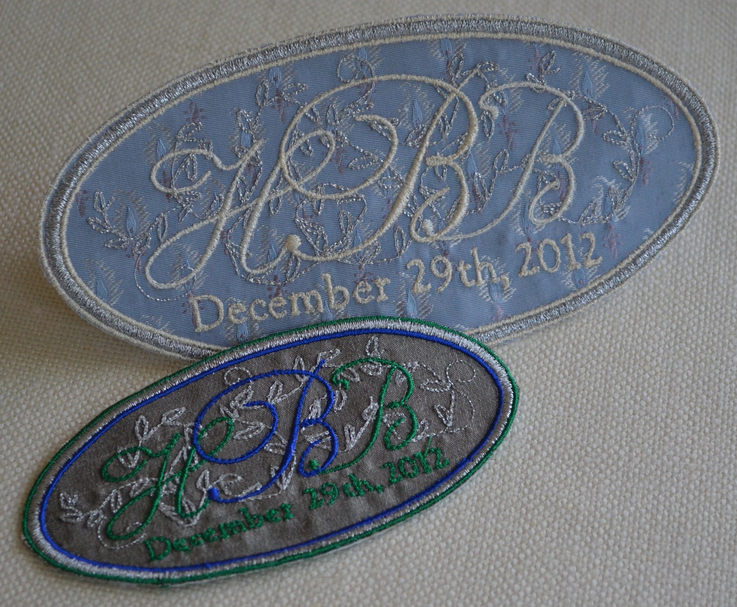 Custom Embroidered Wedding Dress Label French Silk Blue Paisley Stitched With Metallic Silver Thread - His and Hers