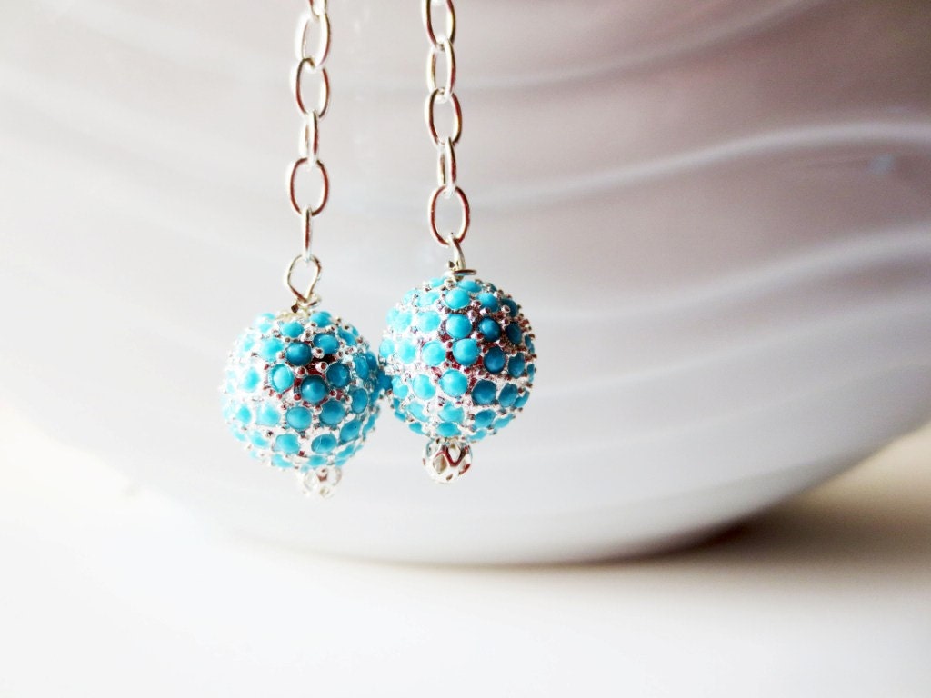 Pave bead turquoise earrings.  Bali silver long dangle earrings. - LittleBearsMom