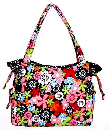 Black White w Colorful Flowers Handbag, Baby Bag, Travel Bag, Purse, Tote