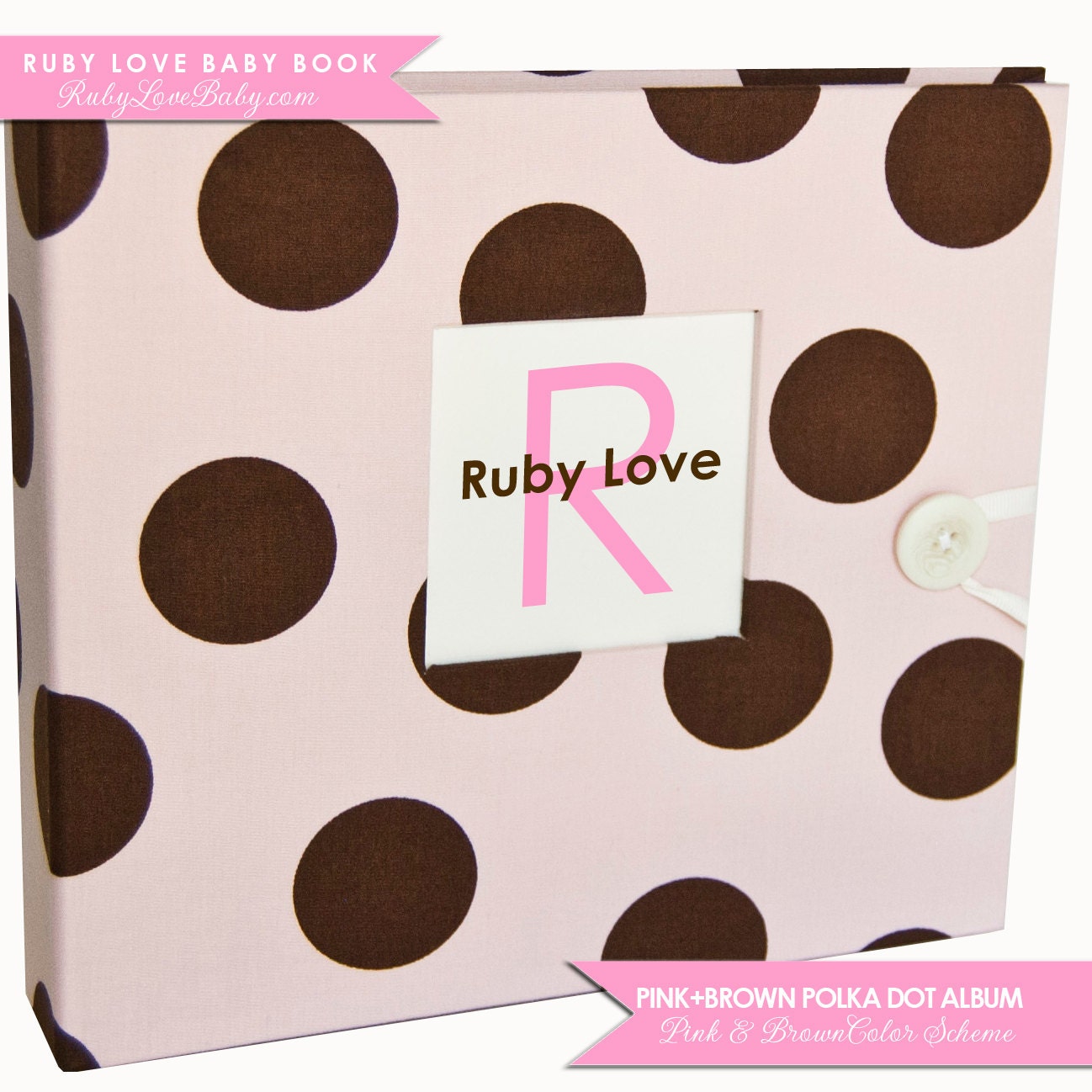 Baby Girl Pink and Brown Large Polka Dot Album . Modern Baby Memory Book, Journal, and Calendar