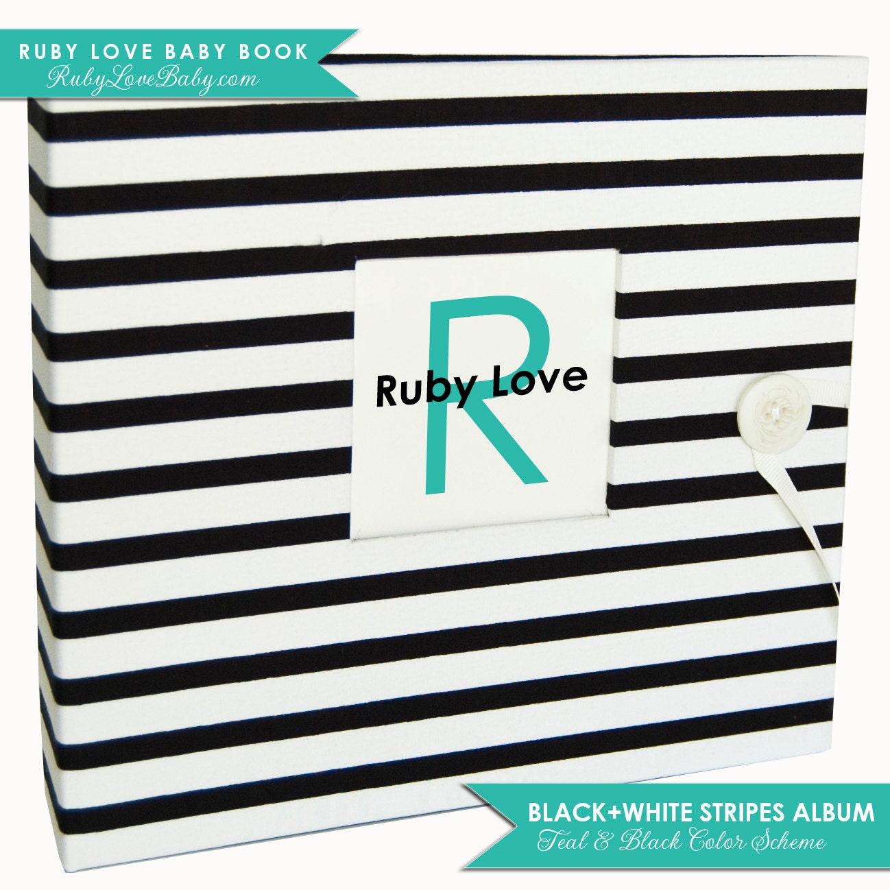 Modern Baby Memory Book . Black and White Stripe Album with Teal - Ruby Love Baby Book