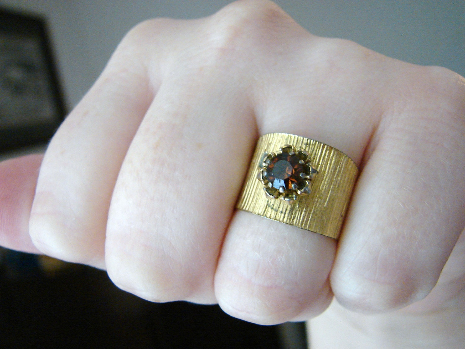 SALE- Vintage gold ring with deep reddish brown center crystal and flower detail- fully adjustable