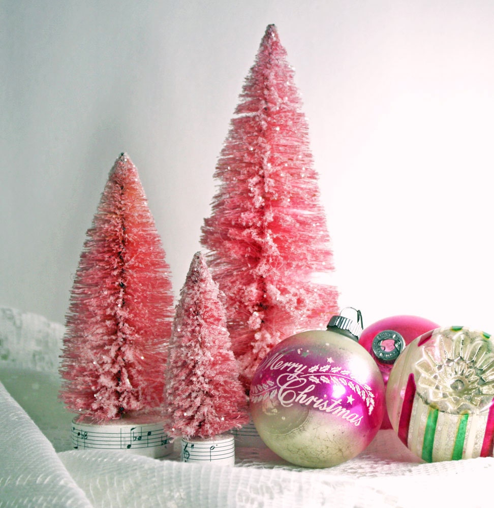 3 Large Pink Glitter BottleBrush Christmas Trees Bottle Brush Christmas Tree Set