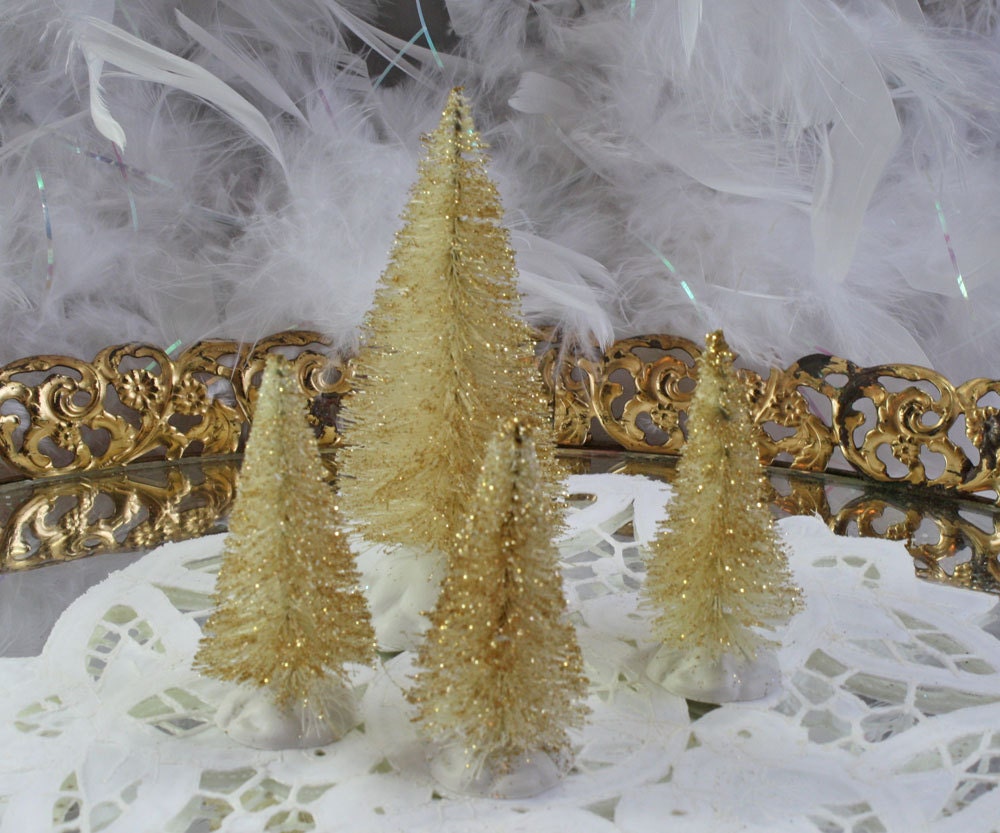4 Gold Bottle Brush Christmas Tree: Bottlebrush Trees Set