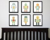 Robot Nursery Art Prints, Robot Art, Kids Art, Children's Decor, Kids Wall Art, Set of Six 5 x 7, Kids Wall Decor
