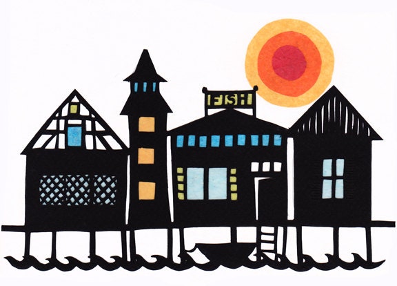 Fishing Village - 5 x 7 inch Cut Paper Art Print
