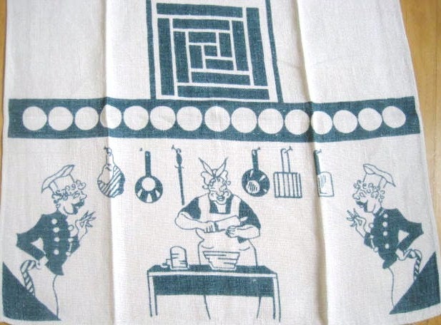 Vintage ART DECO Tea Towel Quirky Chefs 1940s