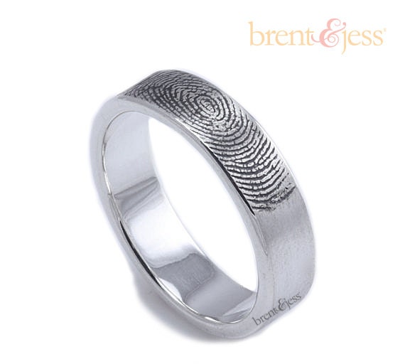 6mm Sterling Silver Custom Fingerprint Ring with Single Fingertip Whorl Print on the Exterior