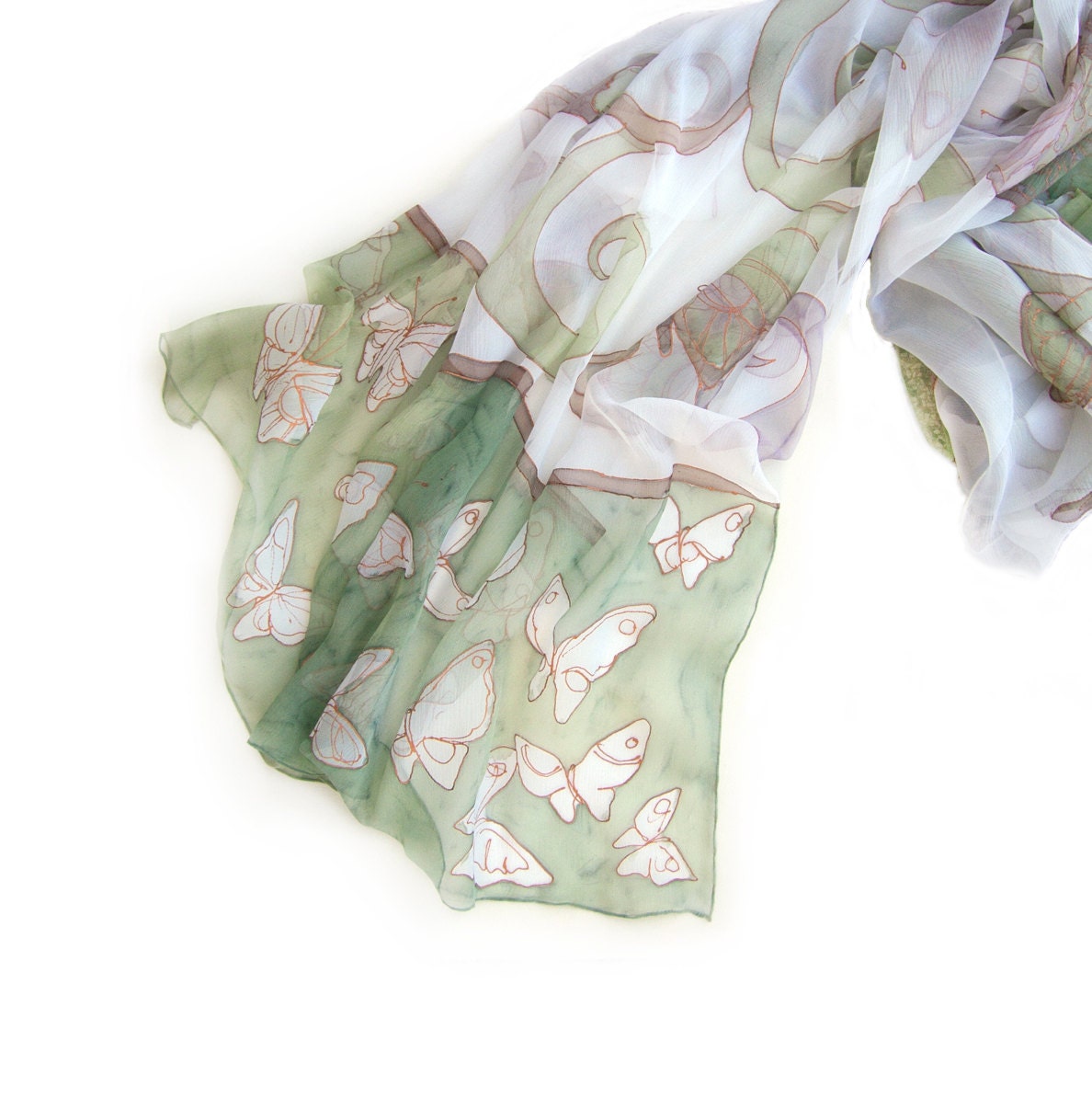 Mint Butterflies hand painted silk scarf.  Hand painted shawl in pastel mint and beige and copper gutta MADE TO ORDER - klaradar