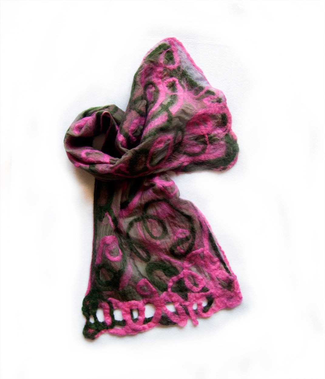 Cyber Monday Etsy Felted silk scarf in green and pink-Silk chiffon scarf felted by hand-Pink green felted scarf
