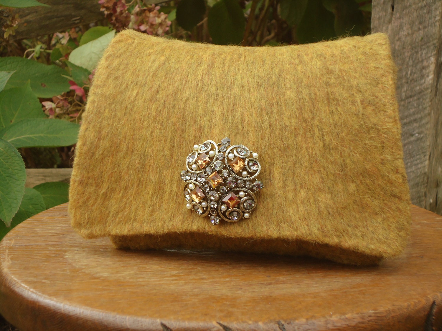 Golden Straw Small Wool Clutch Felt Handbag Purse Hand knit