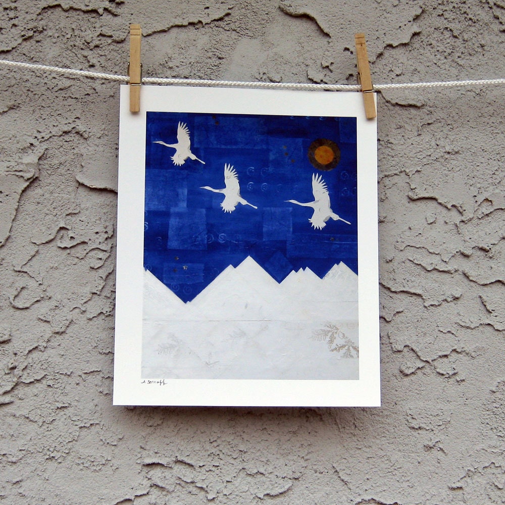 Bird Art Collage Print  Fine Art Giclee Cranes