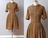 1950s Dress - Olive Paisley Full Skirt Pintuck 50s Dress