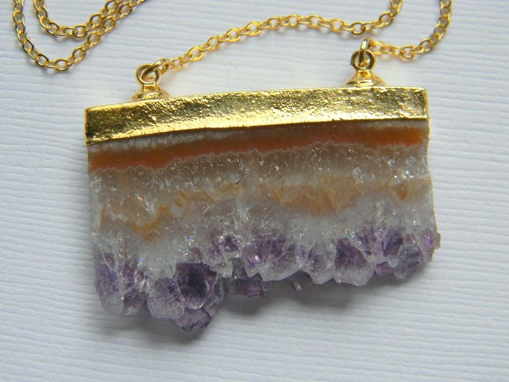 Amethyst Crystal Pendant Necklace - Druzy Slice Necklace - 24K Gold Dipped - Bohemian Necklace - OOAK - Gift for Her