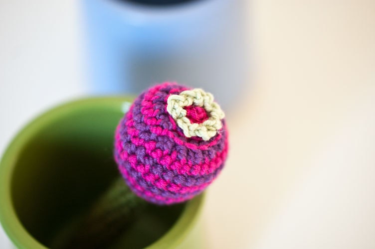 Crochet Flower Brooch - Cotton and Wool - Playful Brooch from My Little Garden -  Hot Pink Violet Grey Dark  Green - OOAK