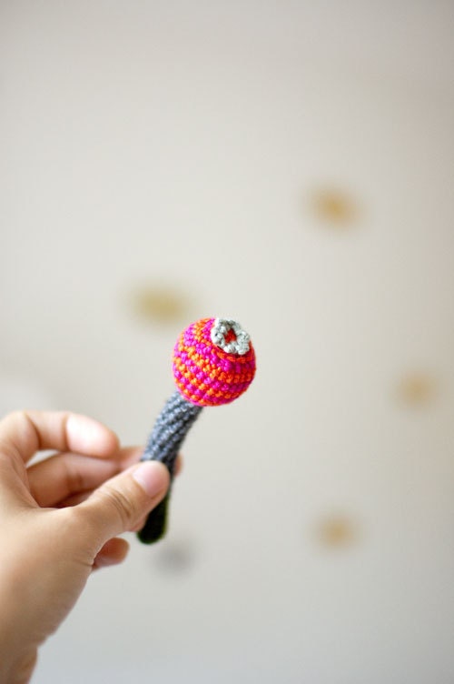 Crochet Flower Brooch with Stripes - Cotton and Wool - Playful Brooch from My Little Garden - Hot Pink Scarlet Red Dark Grey Green - OOAK