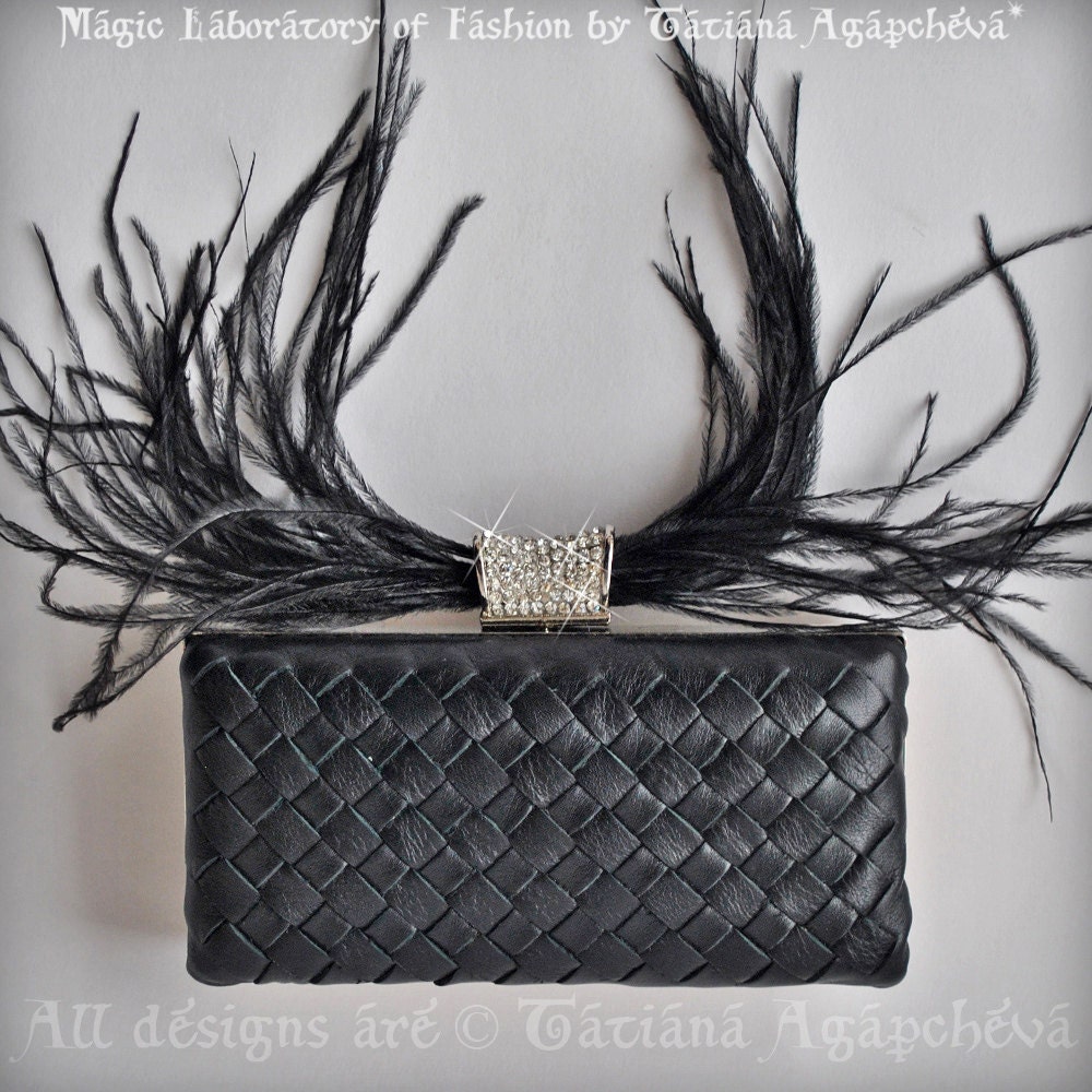 CLEARANCE Clutch, Purse Leather Italian Black Lambskin, intrecciato, Luxury, VENETO 1 TianaCHE