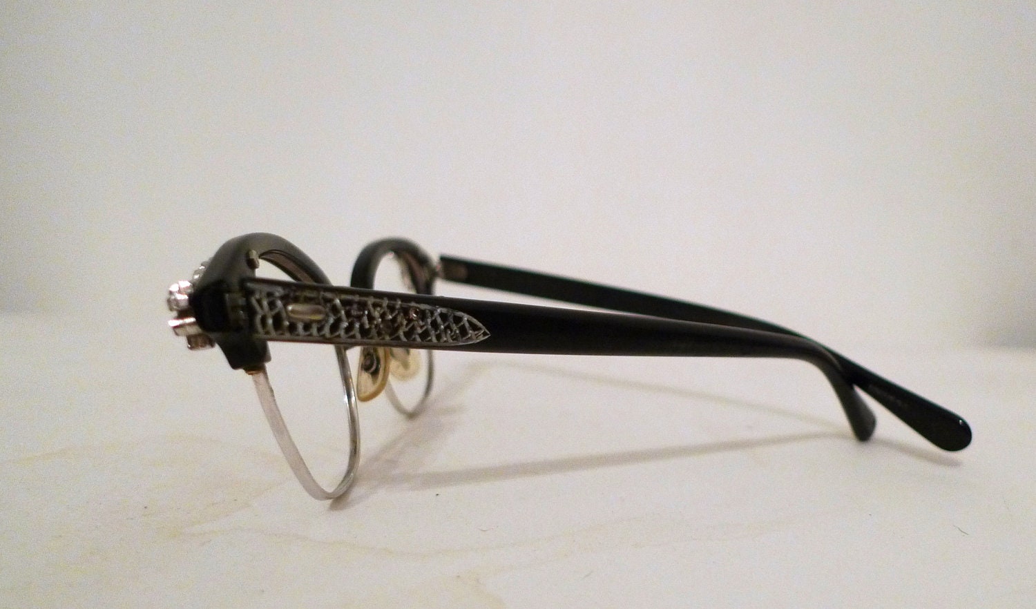 Vintage Rhinestone Cat Eye Frames, Menswear Inspired Black Horn Rims / Screen Star/ Mad Men Eyeglasses or Sunglasses