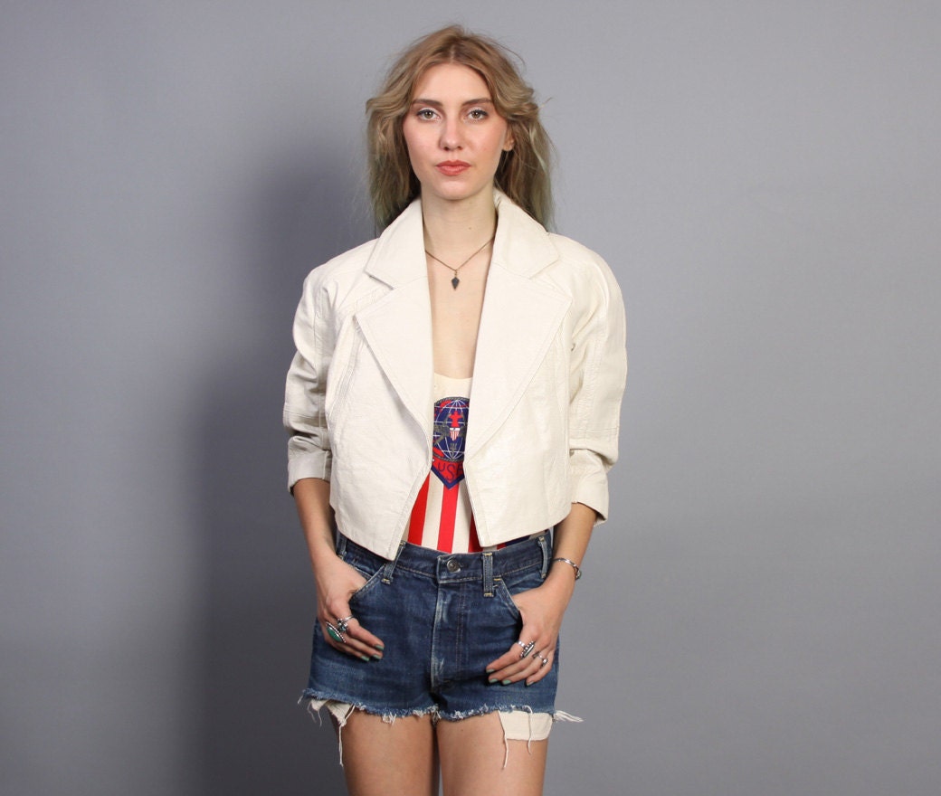 80s LEATHER JACKET / Cropped Ivory Biker Jacket, xs-s