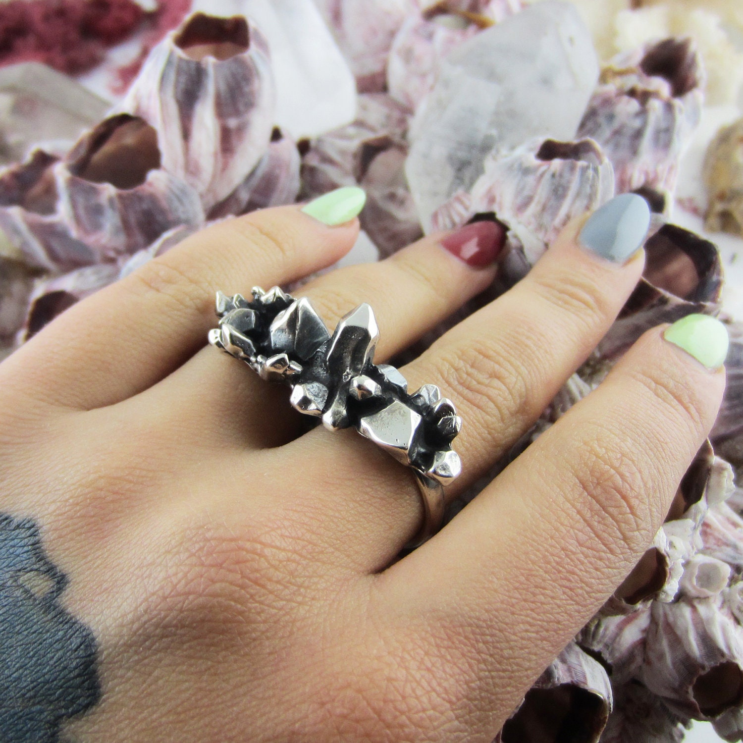 Double Finger Quartz Ring in Silver